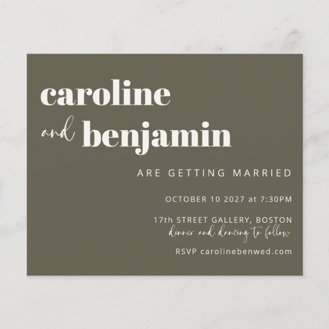 Budget Bold Olive Green Chic Modern Wedding Invite (Front)