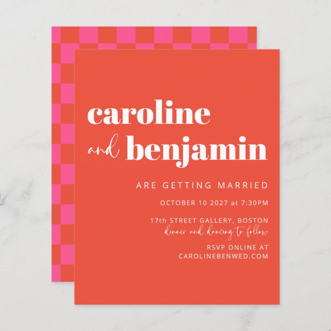 Budget Bold Orange Checkerboard Wedding Invite (Front/Back)