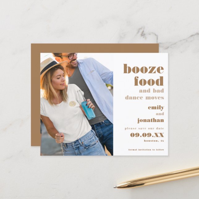 Budget Booze Food Bad Dance Moves Photo Save Date (Front/Back In Situ)