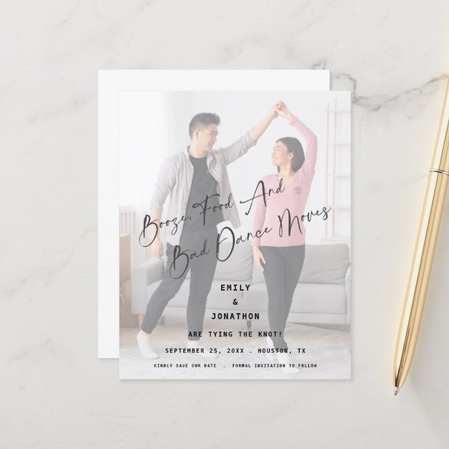Budget Booze Food Bad Dance Photo Save The Date (Front/Back In Situ)