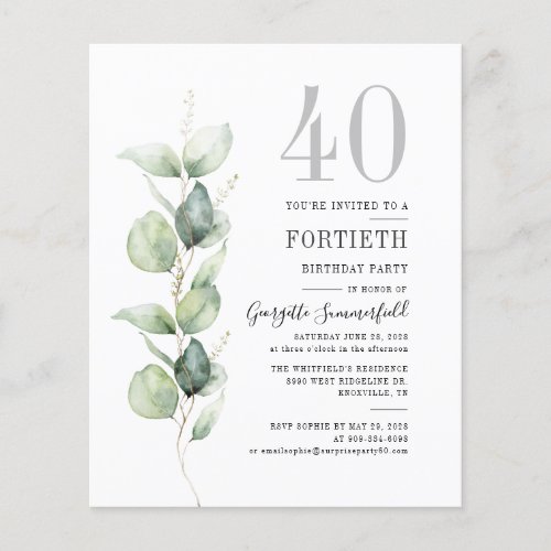 Budget Botanical 40th Birthday Eucalyptus Invites