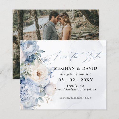 Budget Botanical Dusty Blue Photo Save the Date