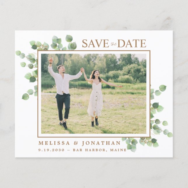 Budget Botanical Eucalyptus Photo Save The Date (Front)