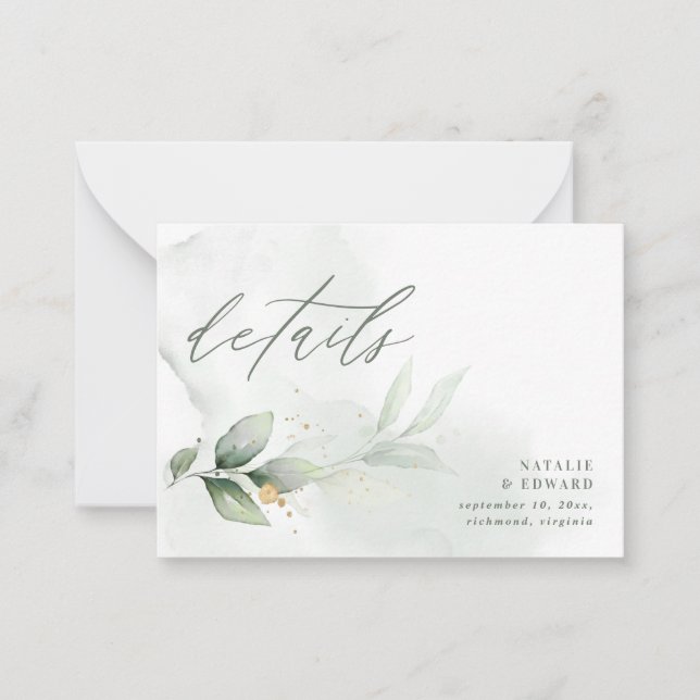 budget botanical eucalyptus wedding details note card (Front)