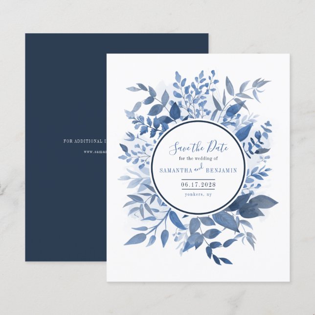 Budget Botanical Foliage Navy Blue Save the Date (Front/Back)