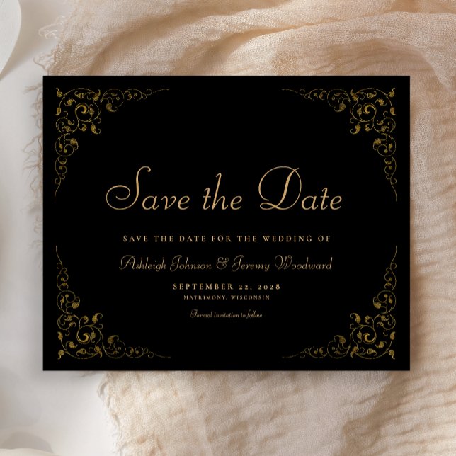 Budget Botanical Frame Black Gold Save the Date (Creator Uploaded)