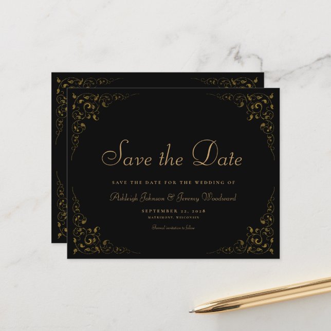 Budget Botanical Frame Black Gold Save the Date (Front/Back In Situ)