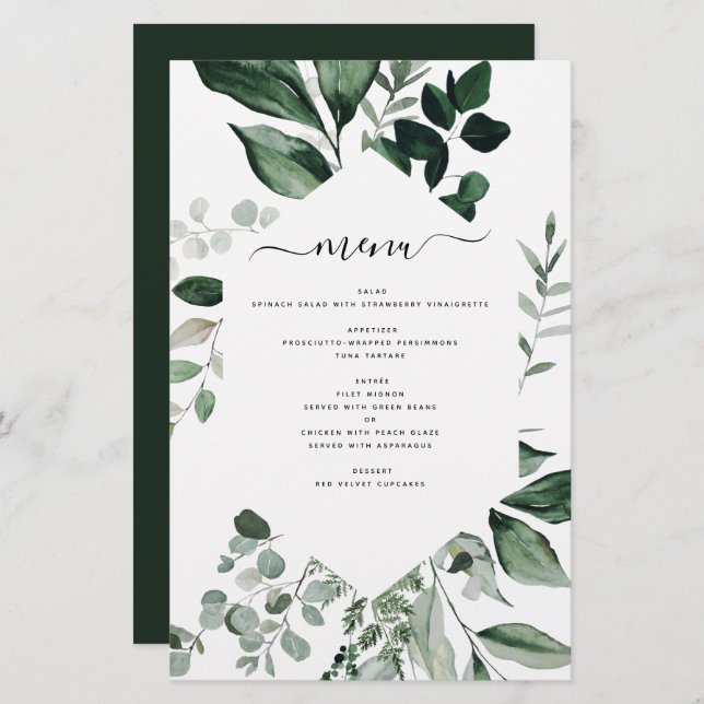 Budget Botanical Greenery Foliage Wedding Menu (Front/Back)