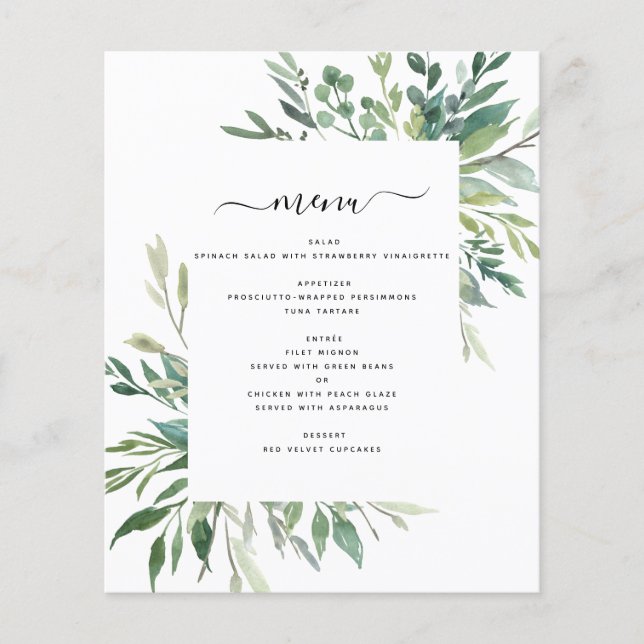 Budget Botanical Greenery Foliage Wedding Menu Flyer (Front)