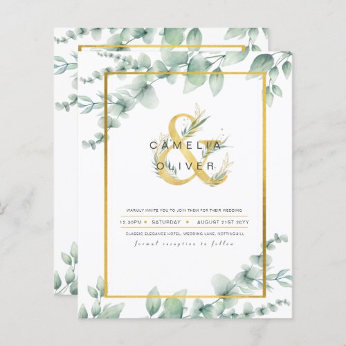 Budget Botanical Greenery Gold Wedding Invitations