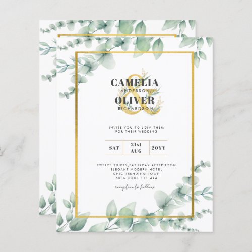 Budget Botanical Greenery Gold Wedding Invitations