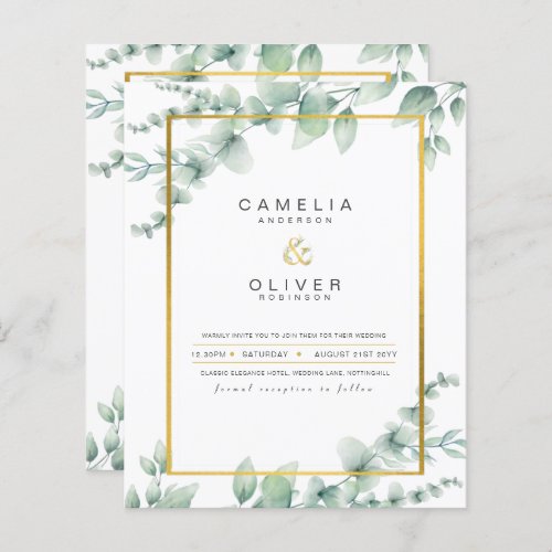 Budget Botanical Greenery Gold Wedding Invitations