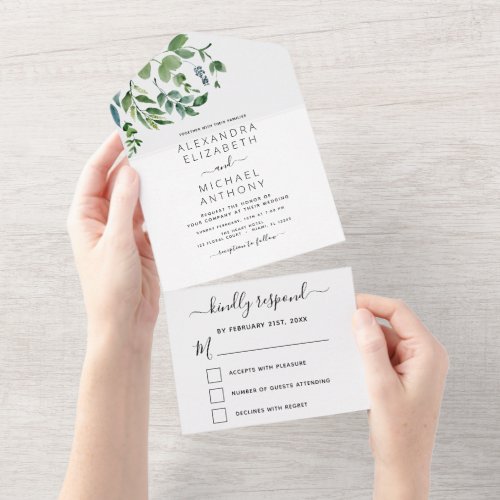 Budget Botanical Greenery Wedding  All In One Invitation