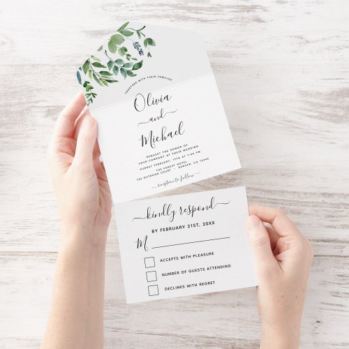 Budget Botanical Greenery Wedding RSVP All In One Invitation