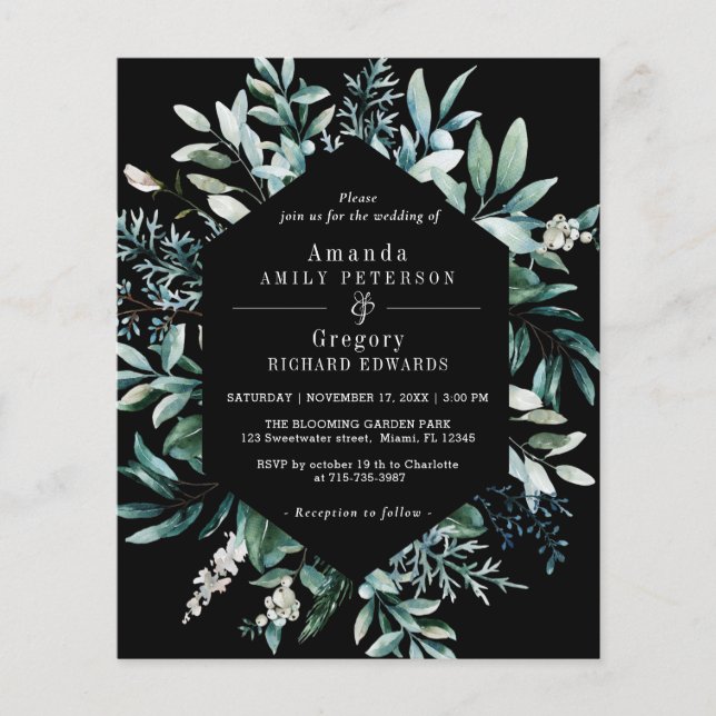 Budget Botanical Leafy Wedding Black Invitation (Front)