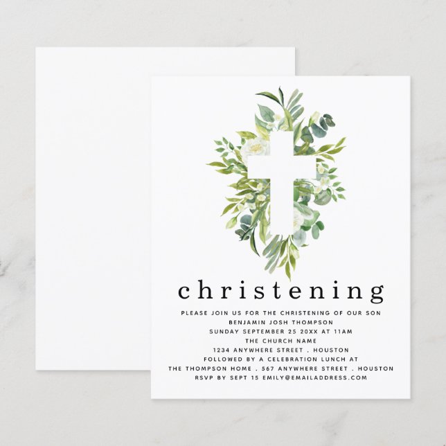 Budget Botanical Leaves Cross Christening Invite (Front/Back)