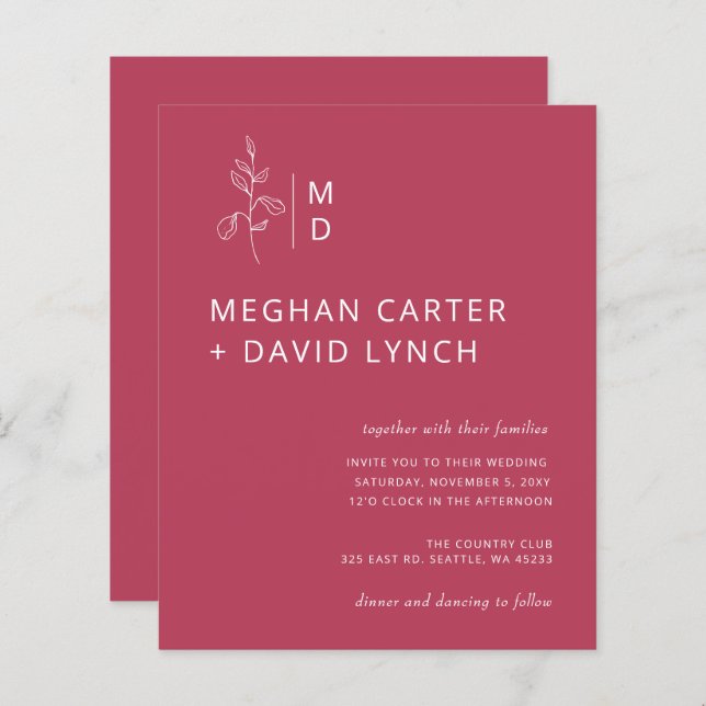 Budget Botanical Monogram Wedding Invitation (Front/Back)
