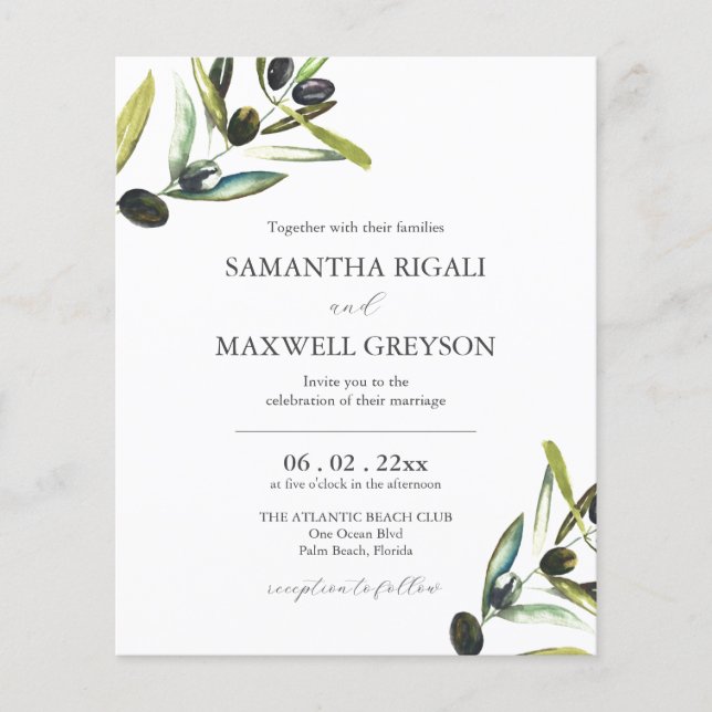 Budget Botanical Olive Weddings Invitation Flyer (Front)