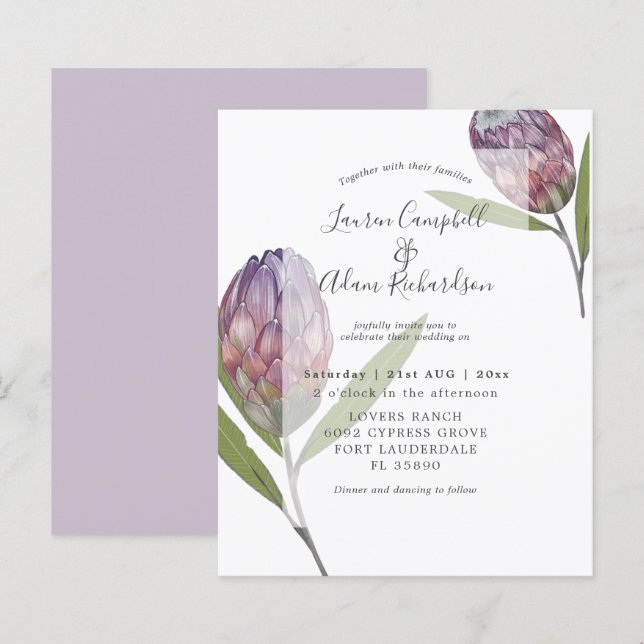 Budget Botanical Protea Purple Wedding  Invitation (Front/Back)