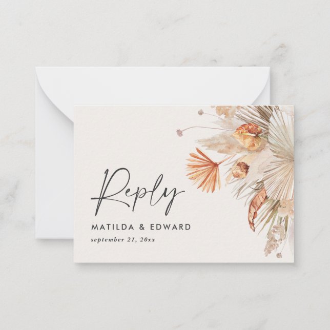 budget botanical wedding pampas grass reply RSVP Note Card (Back)
