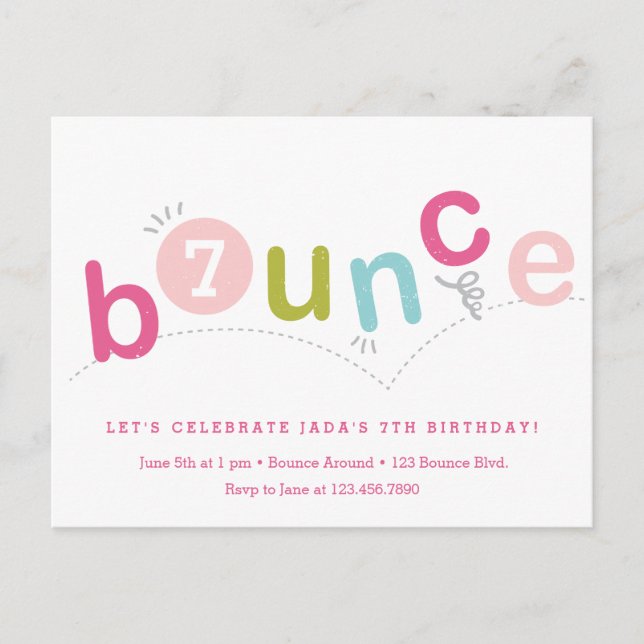 Budget Bounce Girls Birthday Party Invitation Postcard (Front)