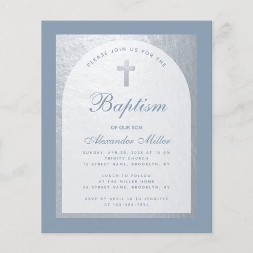 Budget Boy Baptism Dusty Blue Silver Invitation