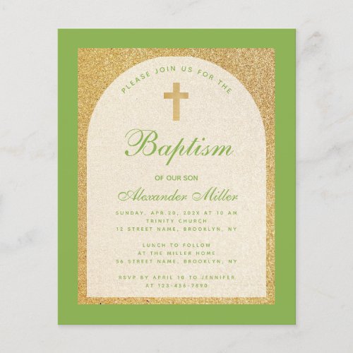 Budget Boy Baptism Green Faux Gold Invitation