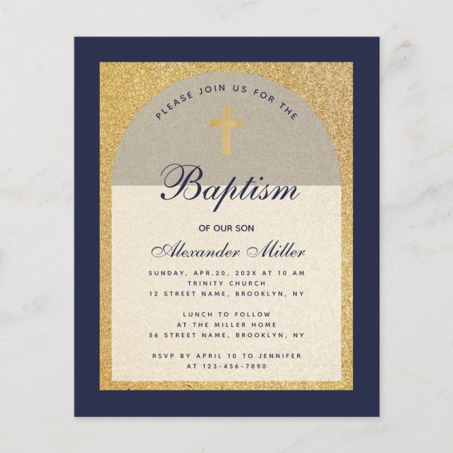 Budget Boy Baptism Navy Blue Gold Invitation (Front)