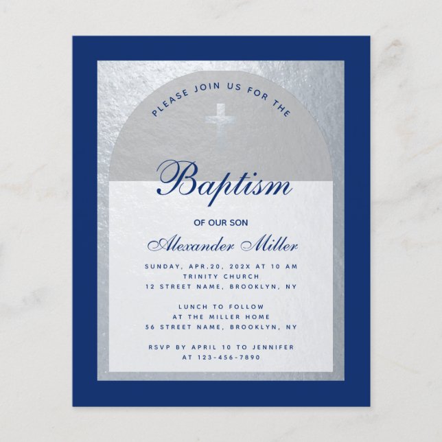 Budget Boy Baptism Royal Blue Silver Invitation (Front)