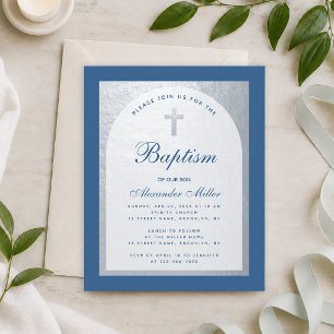 Budget Boy Baptism Silver Classic Blue Invitation
