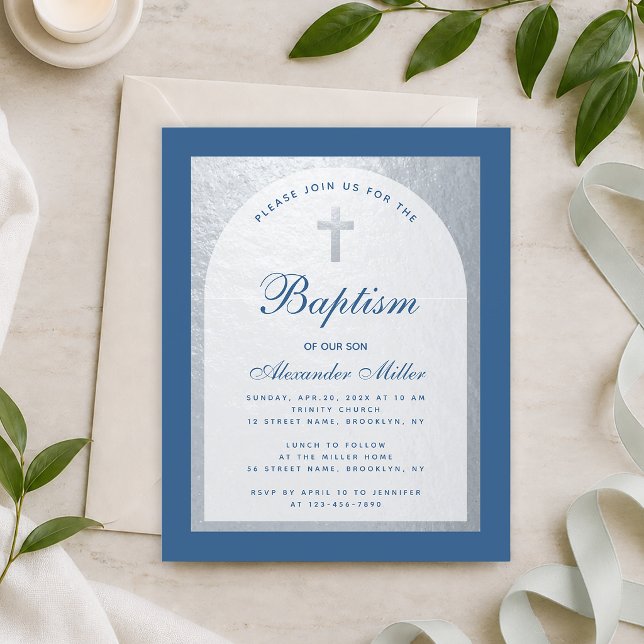 Budget Boy Baptism Silver Classic Blue Invitation (Creator Uploaded)