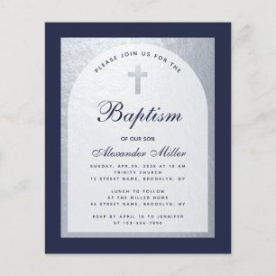 Budget Boy Baptism Silver Navy Blue Invitation