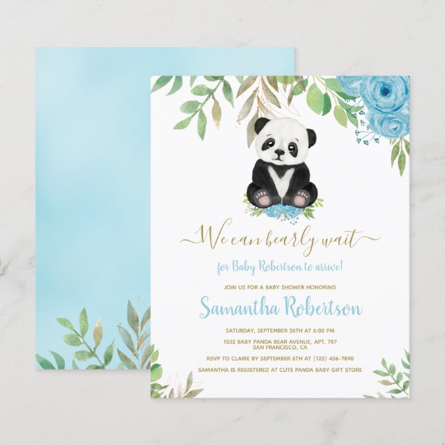 Budget Boy Bear Blue Flower Baby Shower Invitation (Front/Back)
