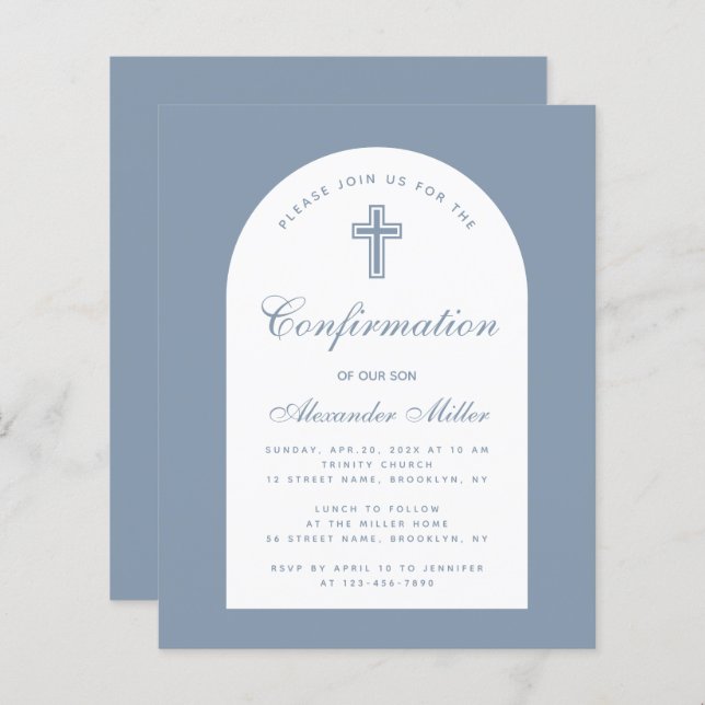 Budget Boy Dusty Blue Arch Confirmation Invitation (Front/Back)