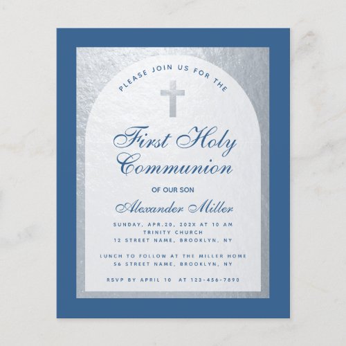 Budget Boy First Communion Blue Silver Invitation