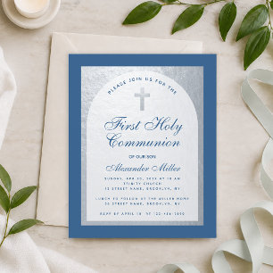 Budget Boy First Communion Blue Silver Invitation