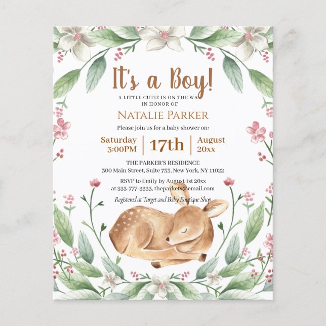 Budget BOY Woodland Deer Sage Floral Baby Shower (Front)