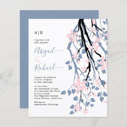 BUDGET Branch and QR code blue wedding invitation