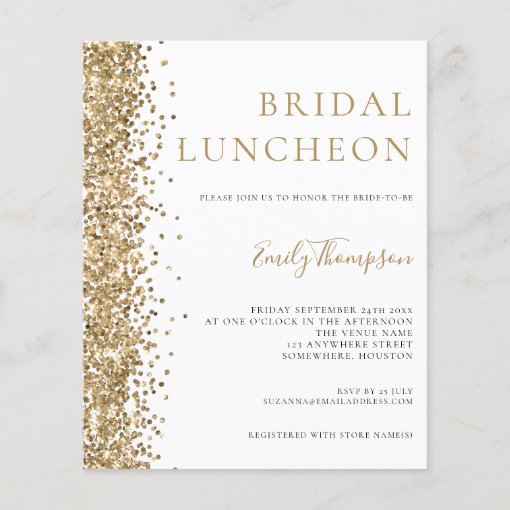 Budget Bridal Luncheon Gold Glitter Invitation | Zazzle