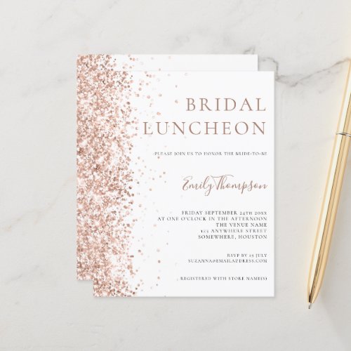 Budget Bridal Luncheon Rose Gold Glitter Invite