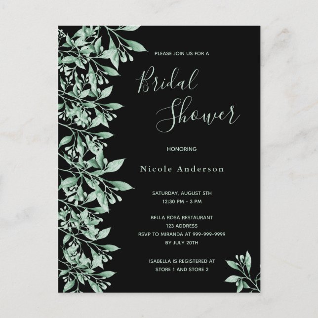 Budget bridal shower black green invitation postcard (Front)
