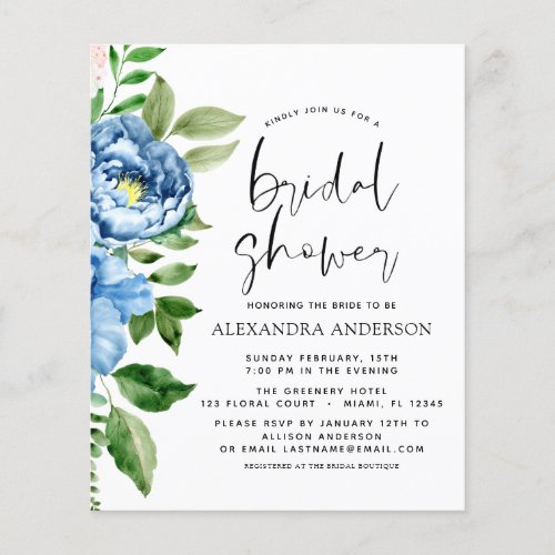 Budget Bridal Shower Blue Floral Invitation Flyer