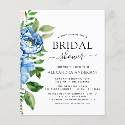 Budget Bridal Shower Blue Floral Invitation Flyer
