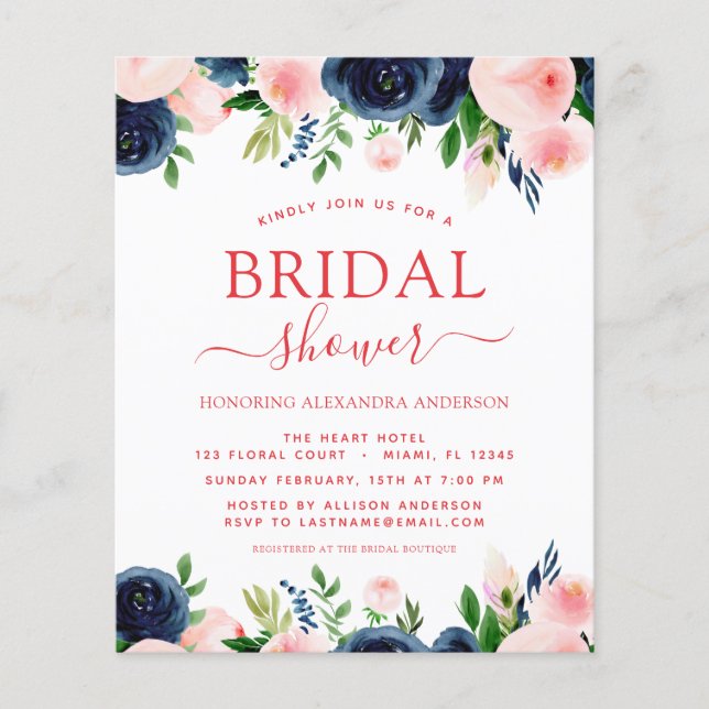 Budget Bridal Shower Blue Pink Floral Invitation Flyer (Front)