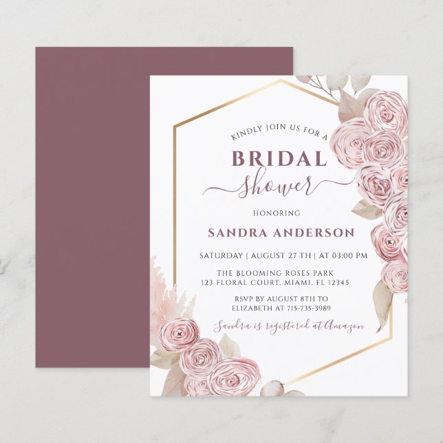 Budget Bridal Shower Blush Pink Floral and Golden  (Front/Back)