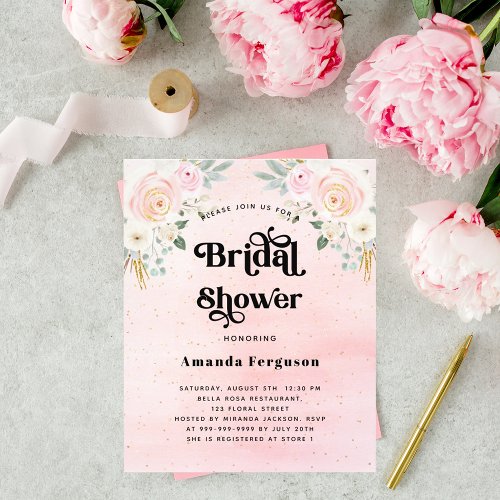 Budget bridal shower blush pink floral invitation