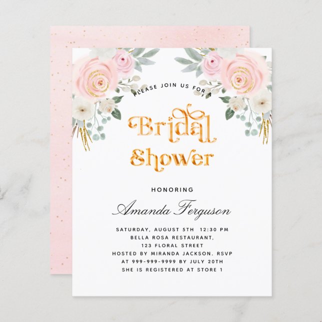 Budget bridal shower blush pink floral invitation (Front/Back)