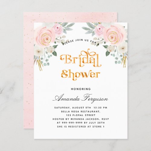 Budget bridal shower blush pink floral invitation