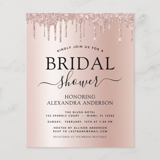 Budget Bridal Shower Blush Pink Glitter Flyer (Front)