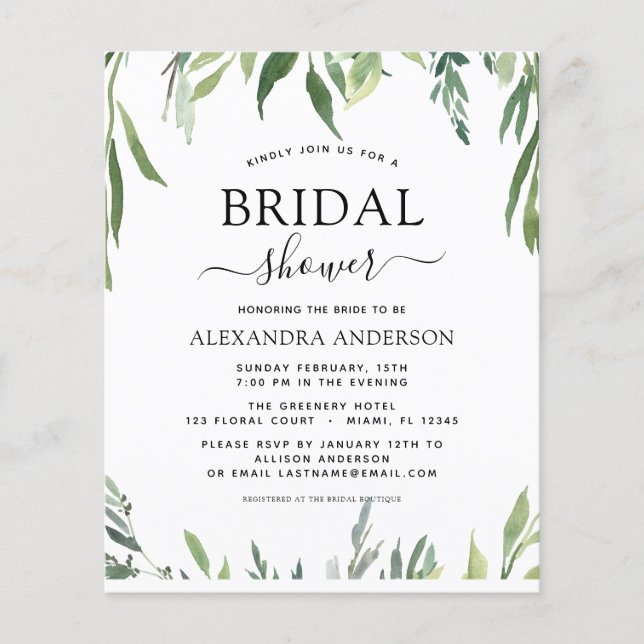 Budget Bridal Shower Botanical Greenery Invitation Flyer (Front)